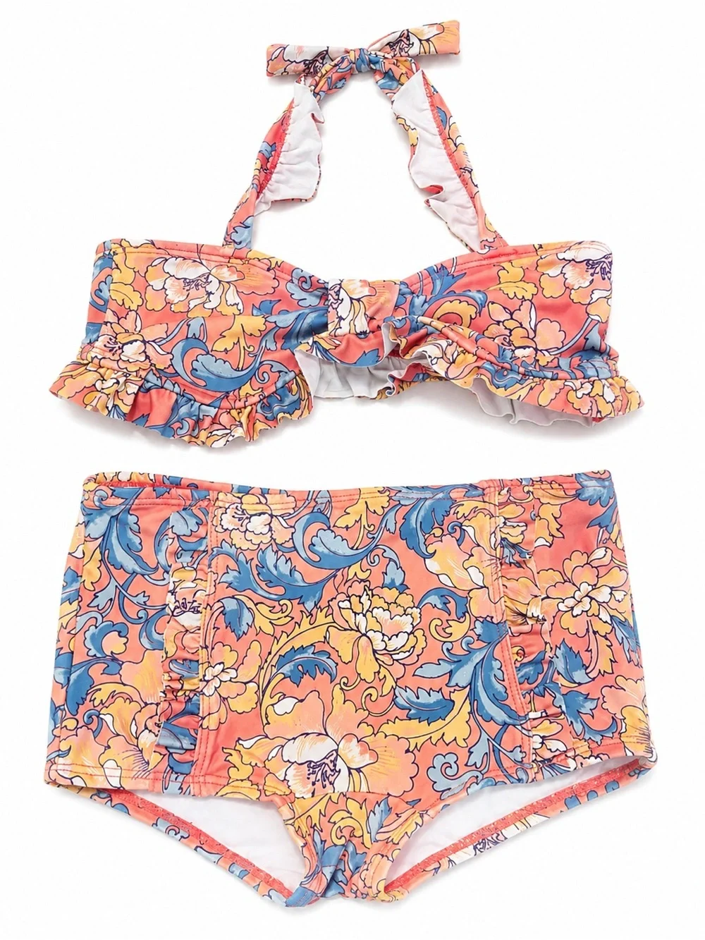 Janie and Jack Coral, Blue & Yellow Floral Ruffle Two-Piece Bikini